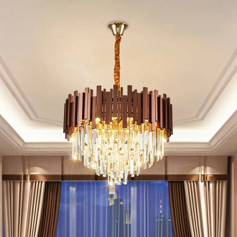 4-Bulb Copper Finish Pendant Chandelier with Contemporary Clear Crystal Draping"