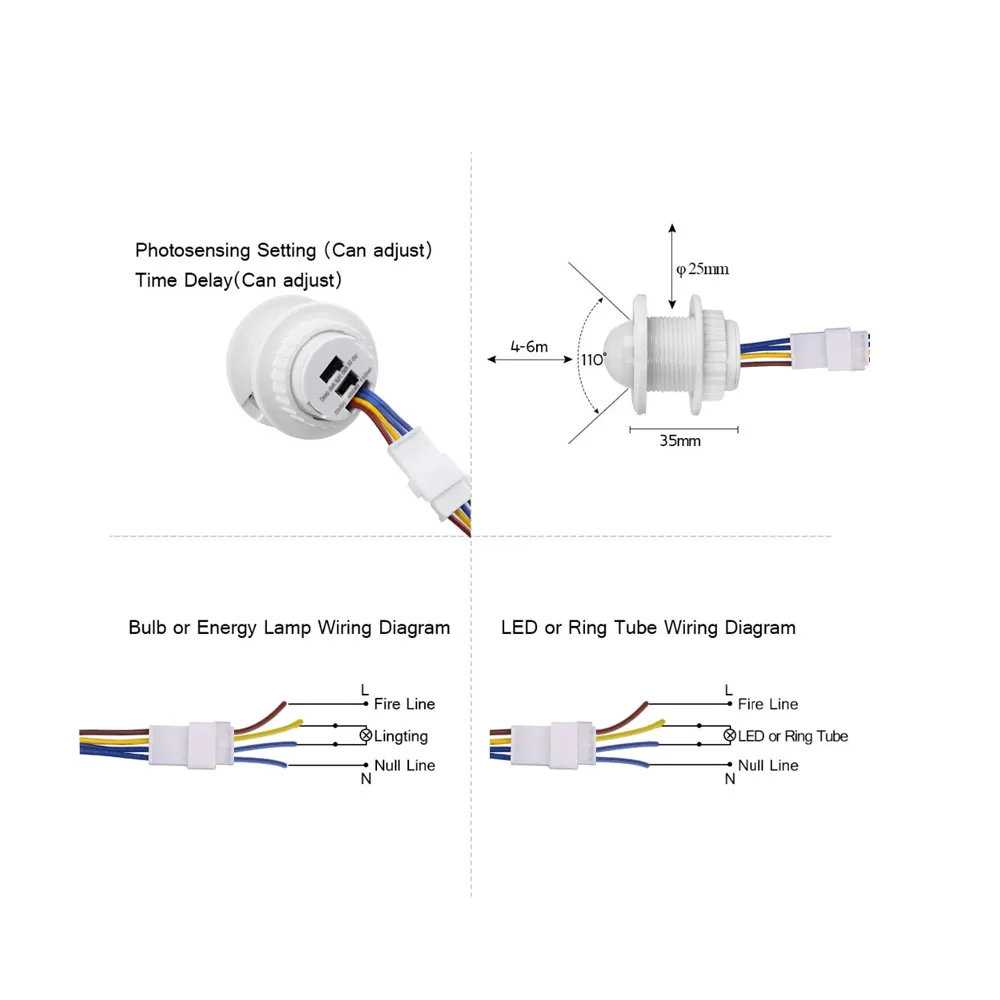 40mm 220VAC PIR Detector Infrared Motion Sensor Switch With Adjustable Light Sensitivity and Time Delay