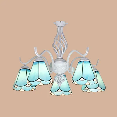 5-Light Tiffany Pendant Chandelier: Conical Stained Glass Shade in White/Blue for Living Room