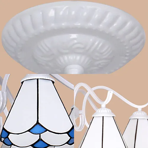 5-Light Tiffany Pendant Chandelier: Conical Stained Glass Shade in White/Blue for Living Room