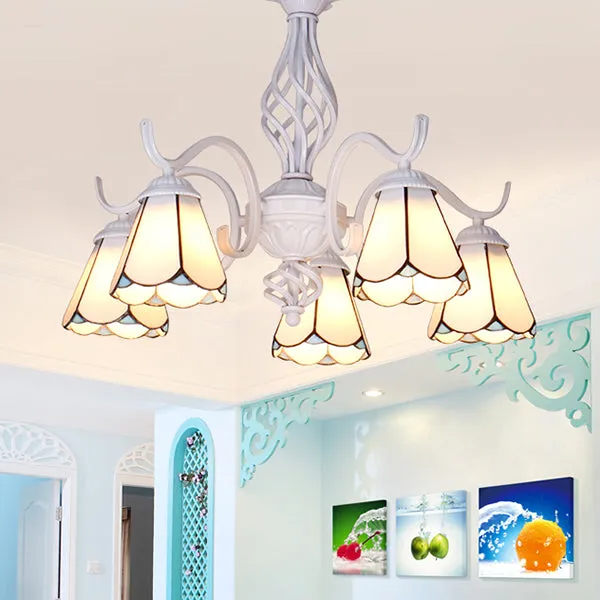 5-Light Tiffany Pendant Chandelier: Conical Stained Glass Shade in White/Blue for Living Room