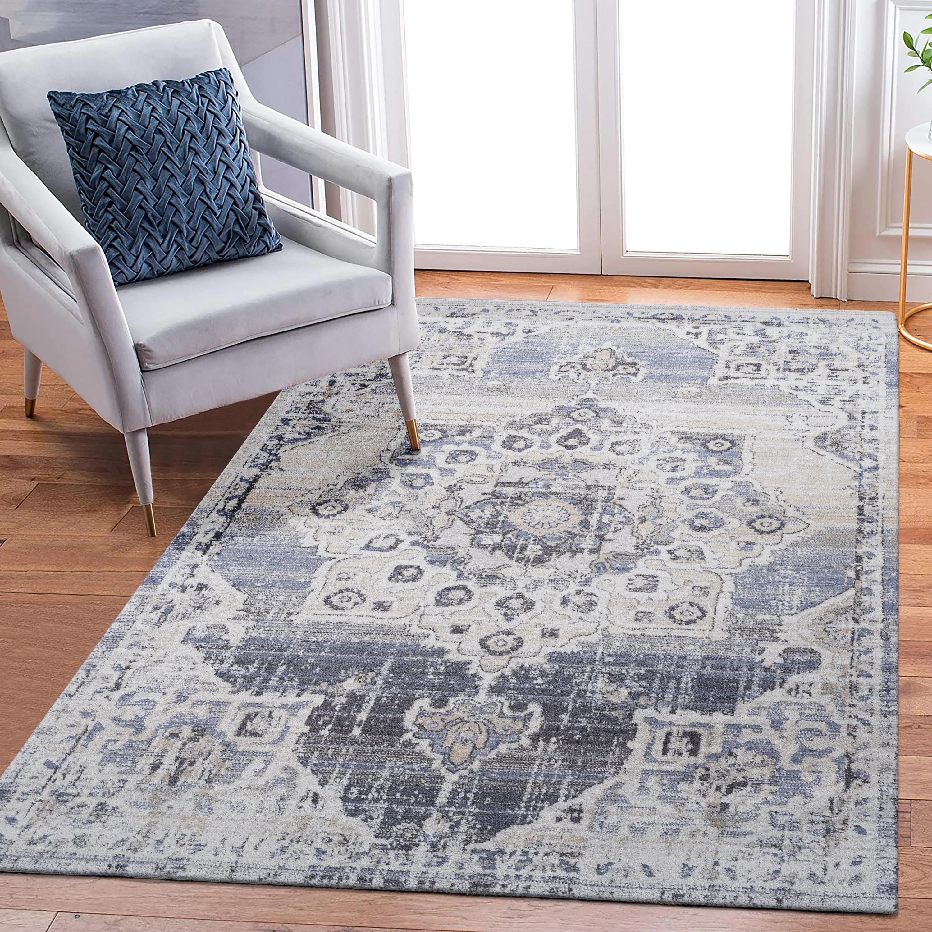 5X7 Cream/Blue /Medallion Non-Shedding Living Room Bedroom Dining Home Office Stylish and Stain Resistant Area Rug