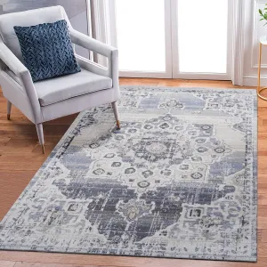 5X7 Cream/Blue /Medallion Non-Shedding Living Room Bedroom Dining Home Office Stylish and Stain Resistant Area Rug