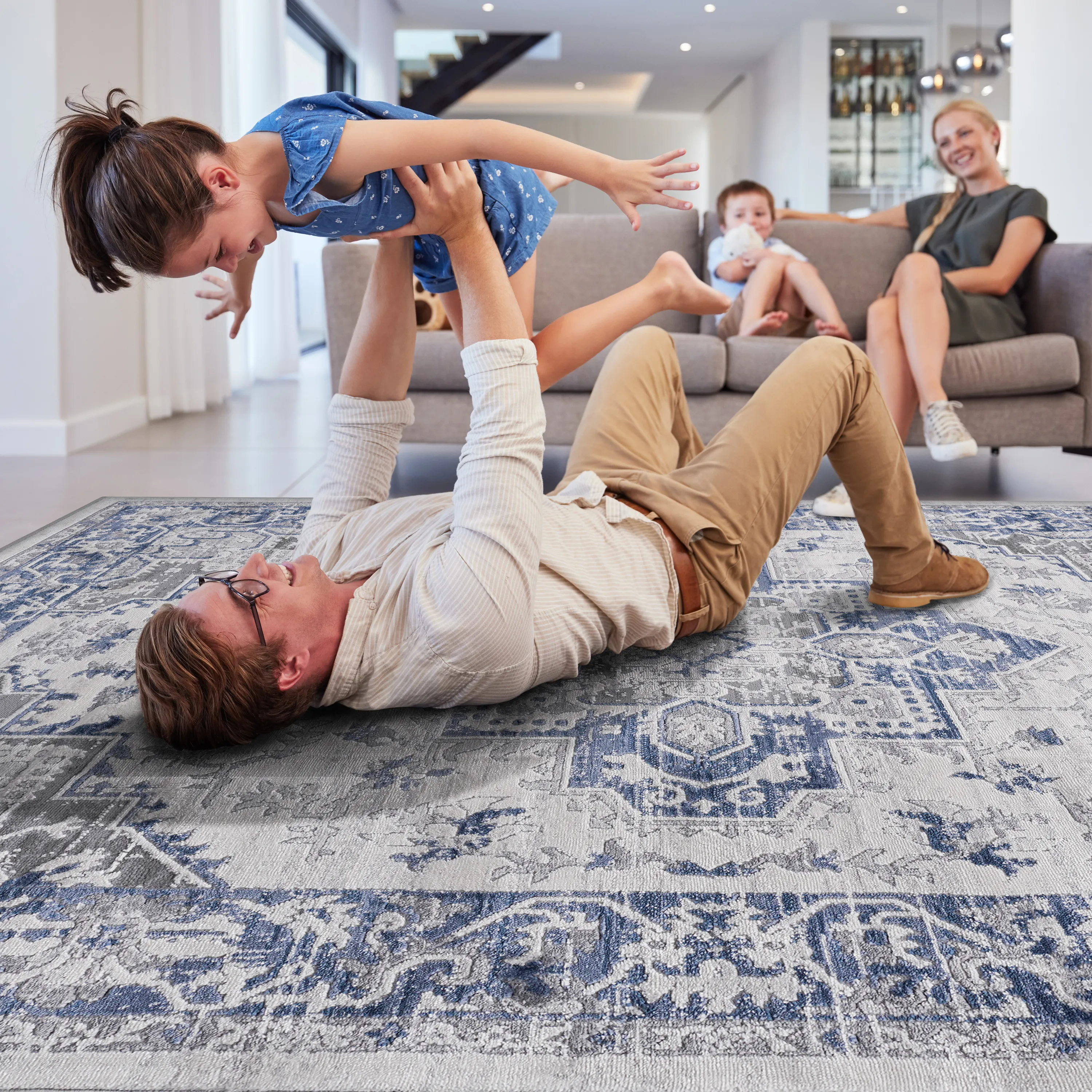 6X9 Blue/Grey/Oriental Non-Shedding Living Room Bedroom Dining Home Office Stylish and Stain Resistant Area Rug