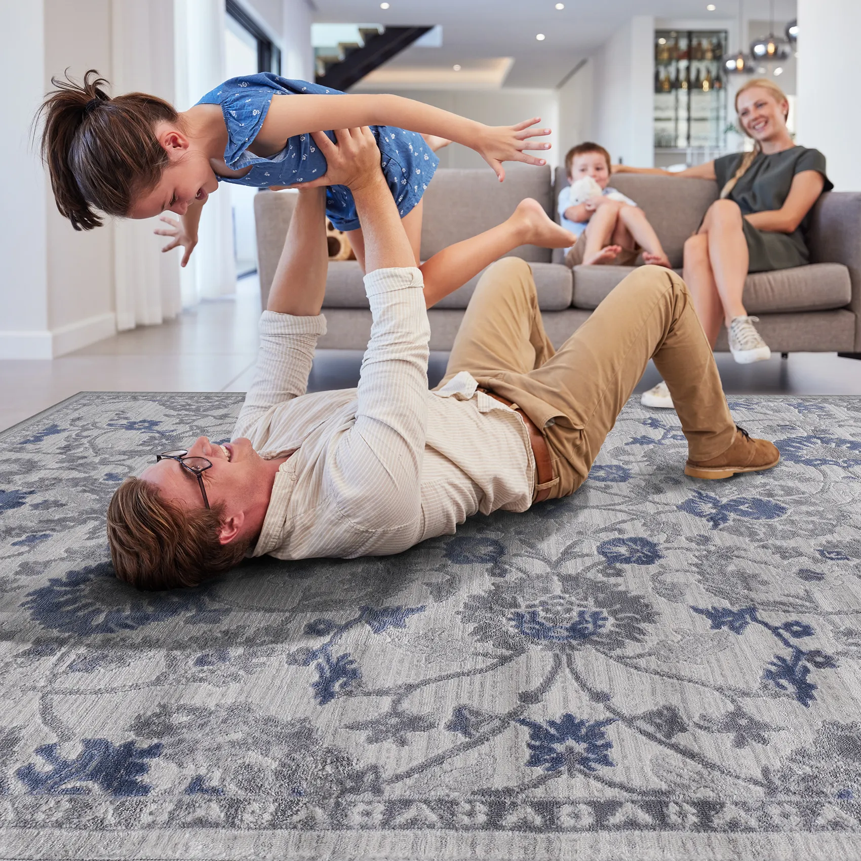 6X9 Blue/Silver/Oriental Non-Shedding Living Room Bedroom Dining Home Office Stylish and Stain Resistant Area Rug