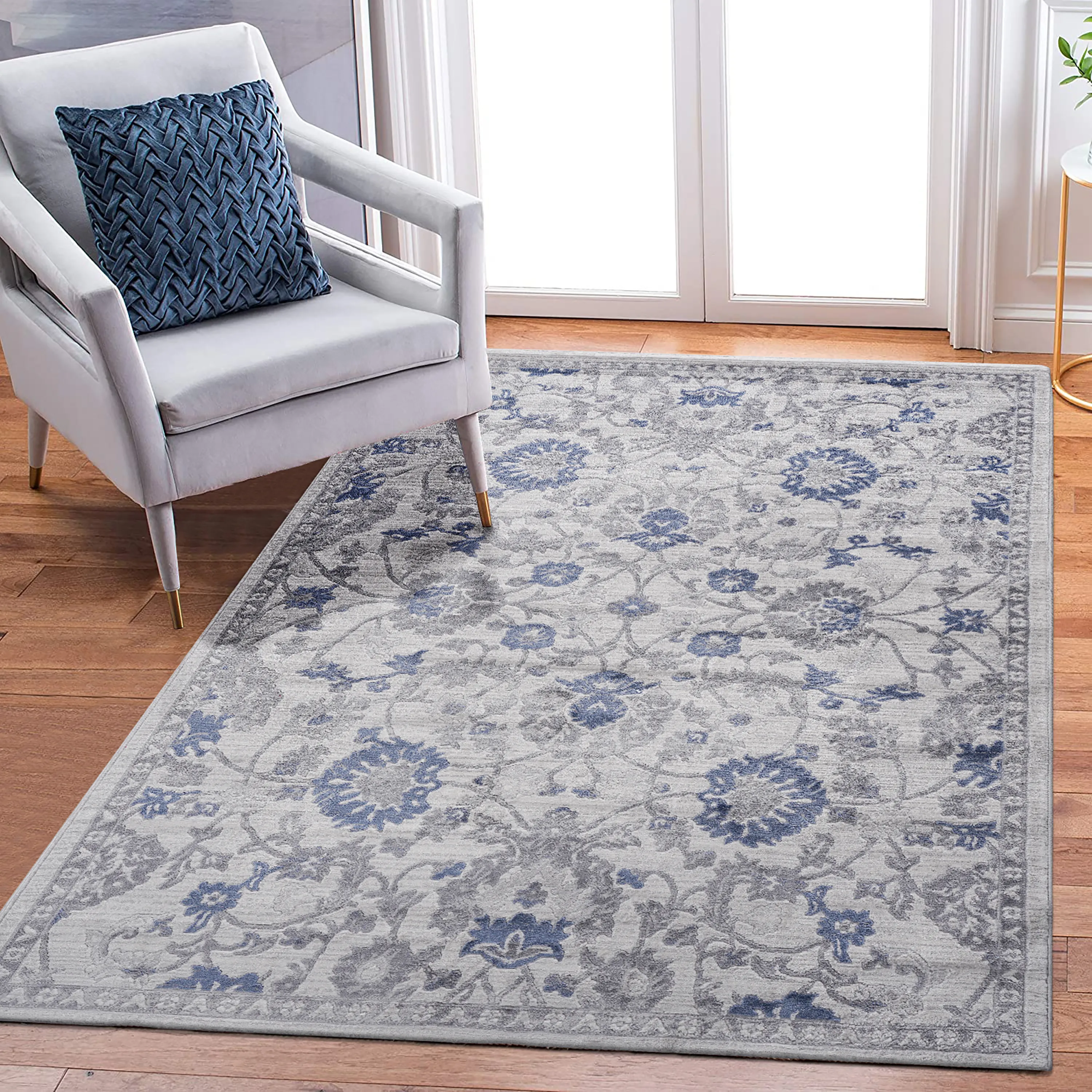 6X9 Blue/Silver/Oriental Non-Shedding Living Room Bedroom Dining Home Office Stylish and Stain Resistant Area Rug