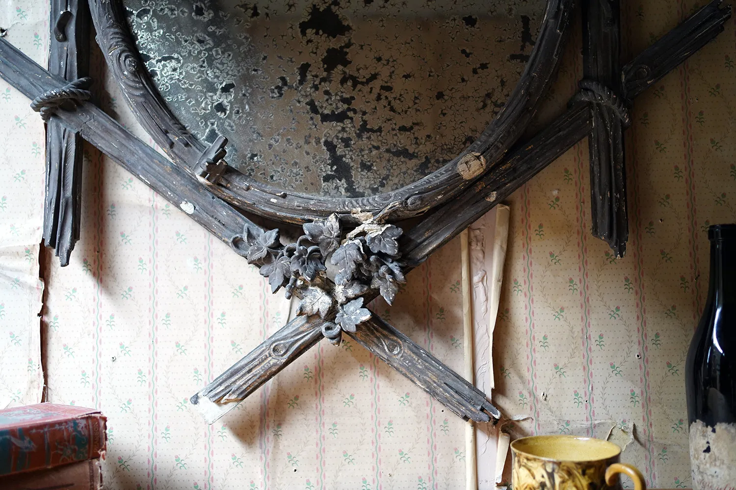 A Large French Gesso Faux Bois & Floral Carved Oval Wall Mirror c.1875-90