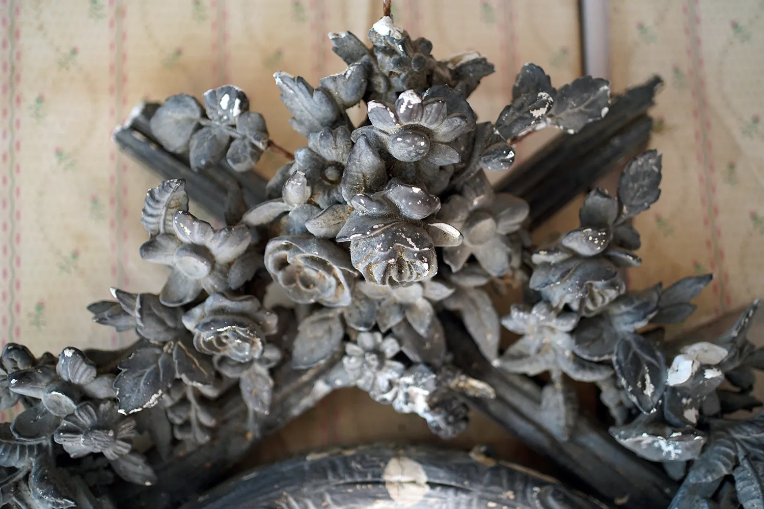 A Large French Gesso Faux Bois & Floral Carved Oval Wall Mirror c.1875-90