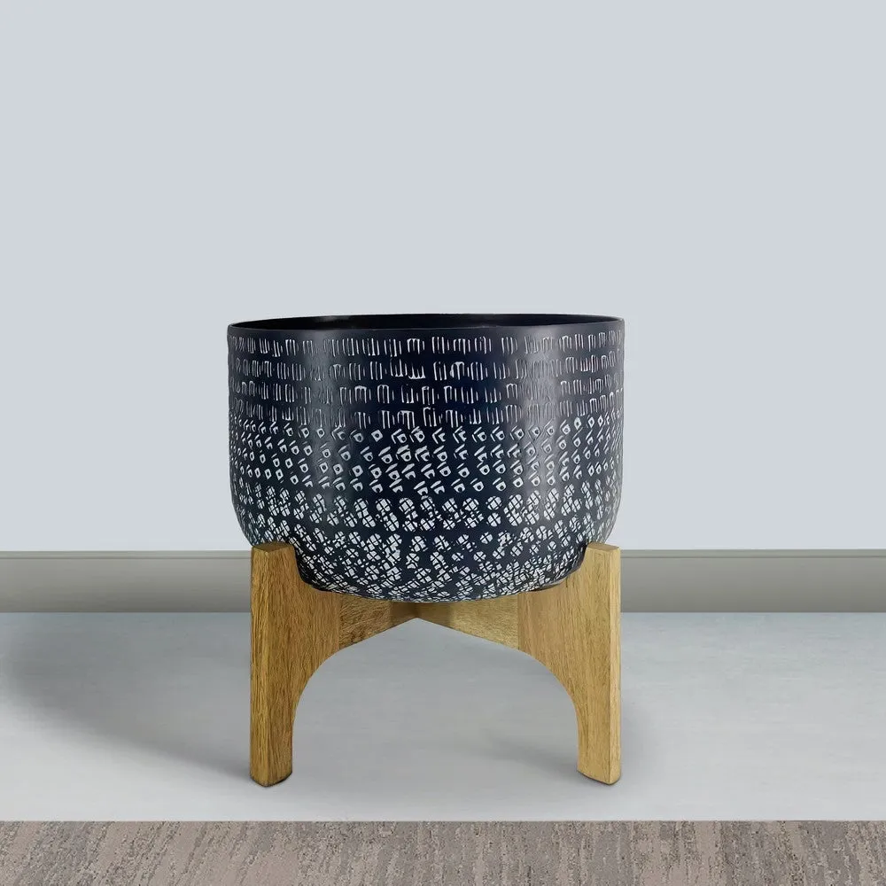 Alex 12 Inch Artisanal Industrial Round Hammered Metal Planter Pot with Wood Arch Stand, Midnight Blue By The Urban Port