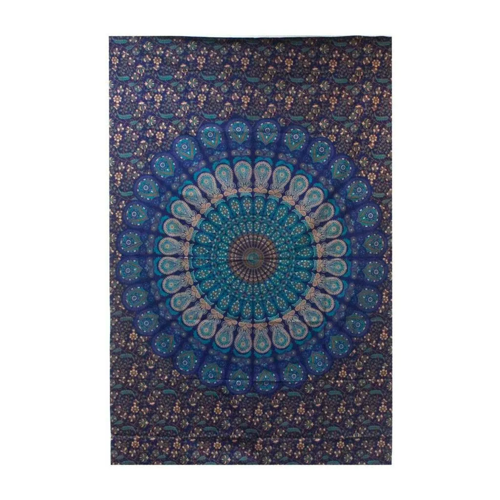 Artisan Cotton Bedspread Wall Hanging - Mandala Blue Shades - Single or Double