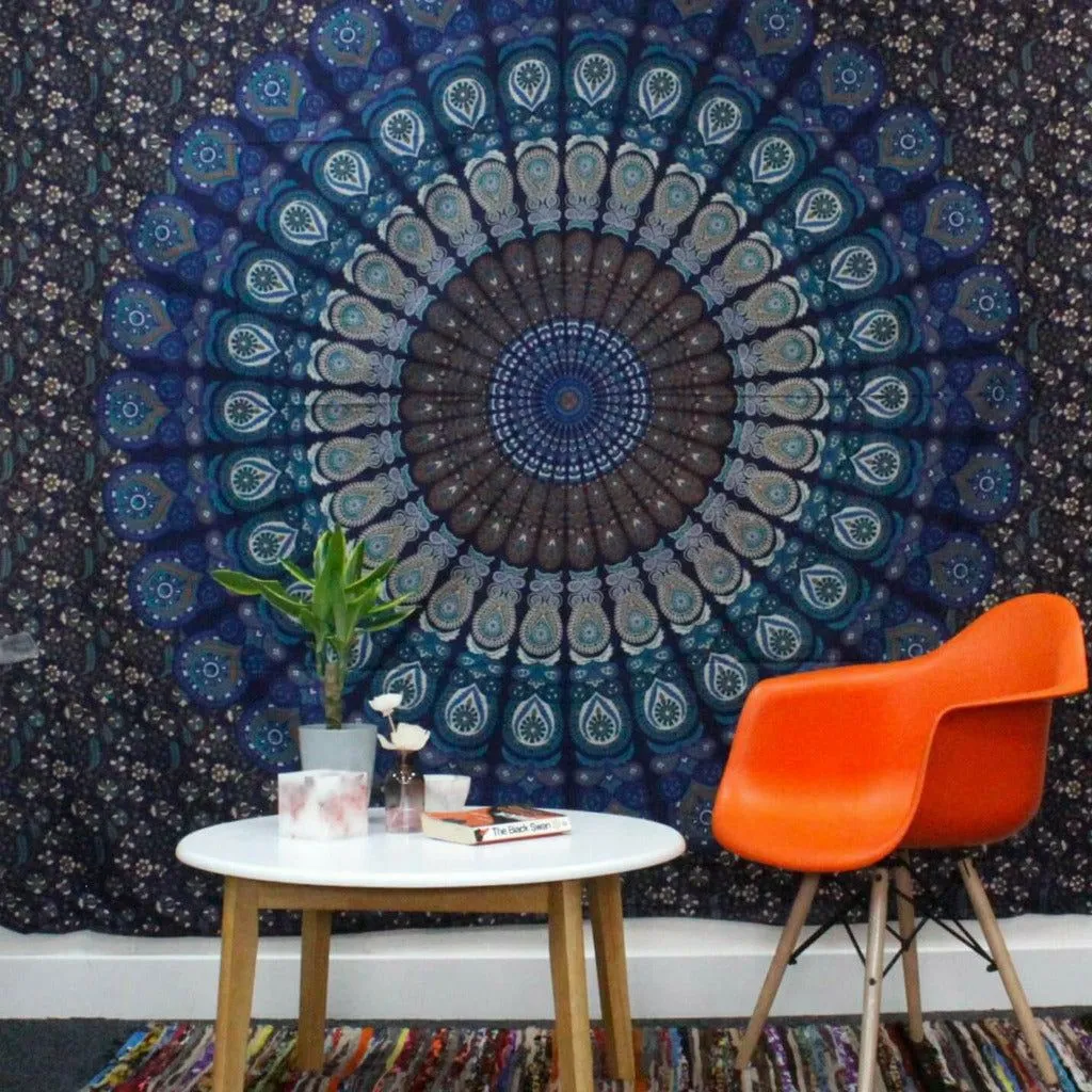 Artisan Cotton Bedspread Wall Hanging - Mandala Blue Shades - Single or Double