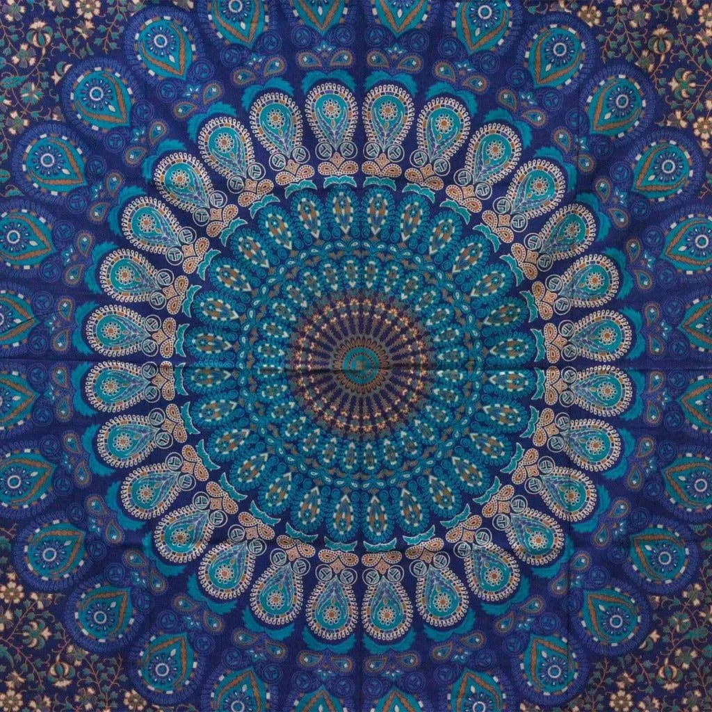 Artisan Cotton Bedspread Wall Hanging - Mandala Blue Shades - Single or Double