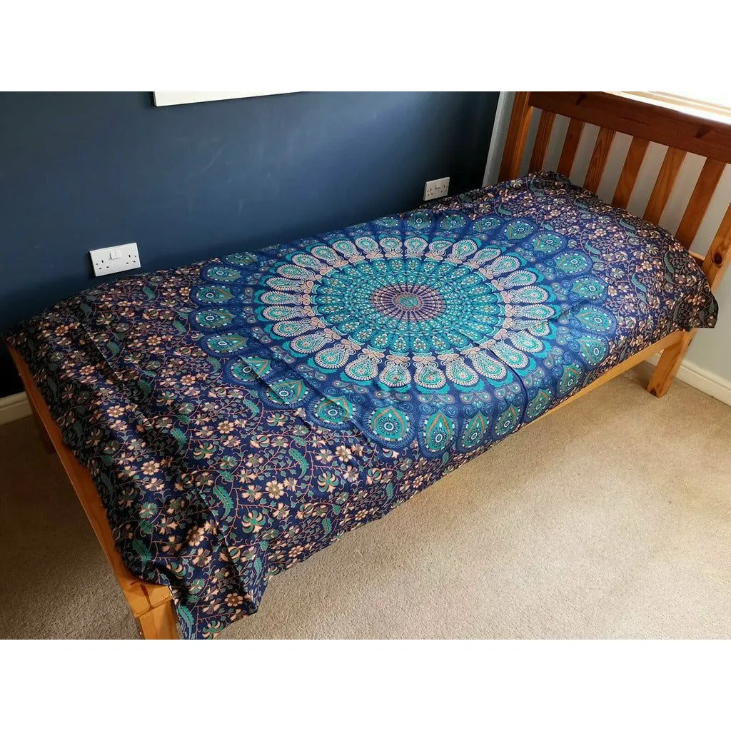 Artisan Cotton Bedspread Wall Hanging - Mandala Blue Shades - Single or Double