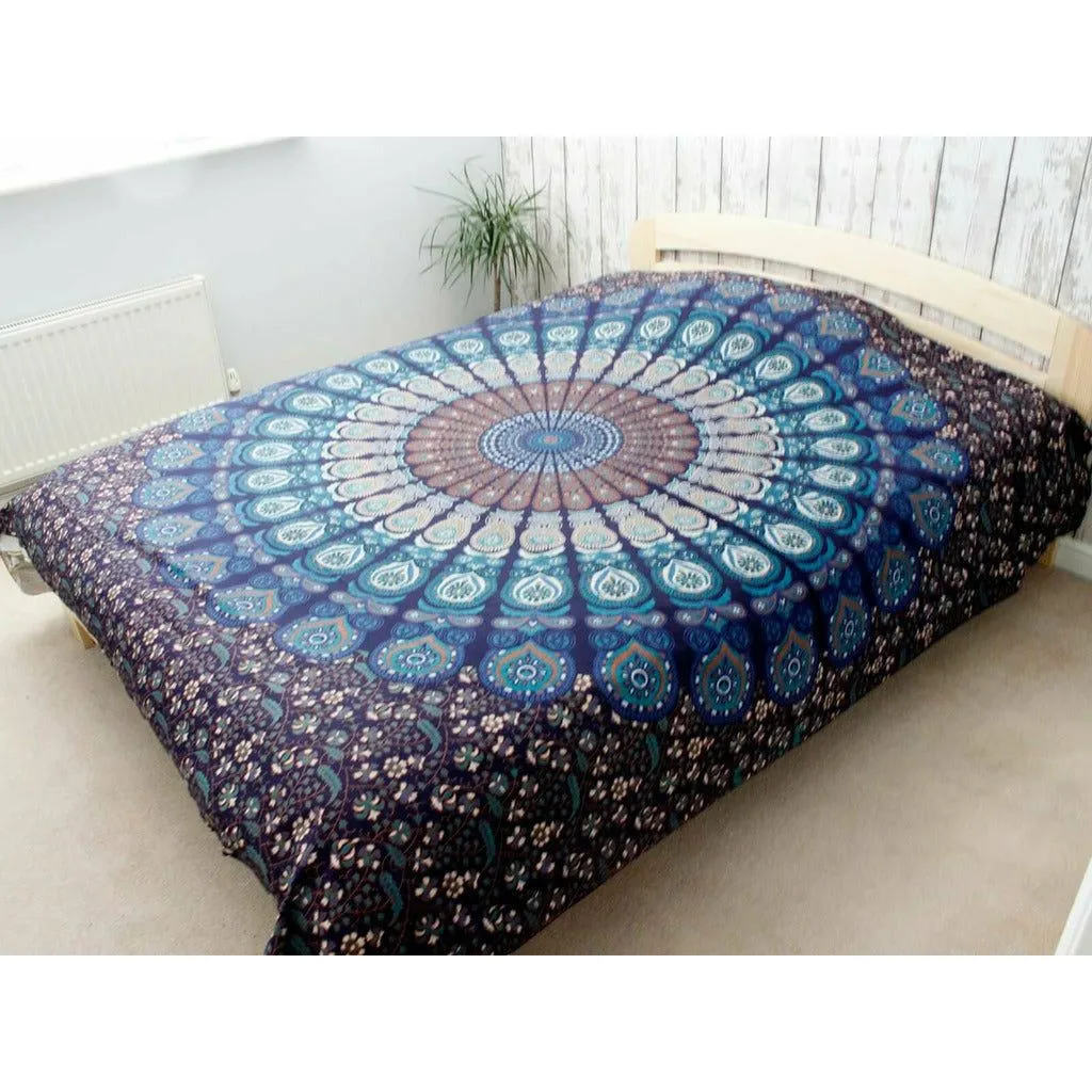 Artisan Cotton Bedspread Wall Hanging - Mandala Blue Shades - Single or Double