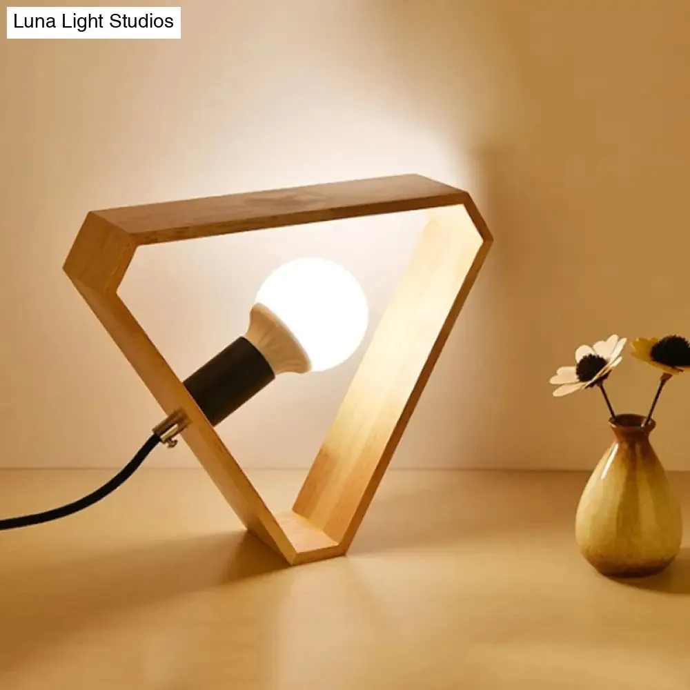 Beige Night Light Table Lamp with Wooden Triangular Frame for Bedroom