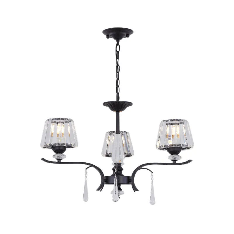 Black Beveled Crystal Conical Chandelier - Elegant 3-Light Ceiling Suspension Lamp with Droplet