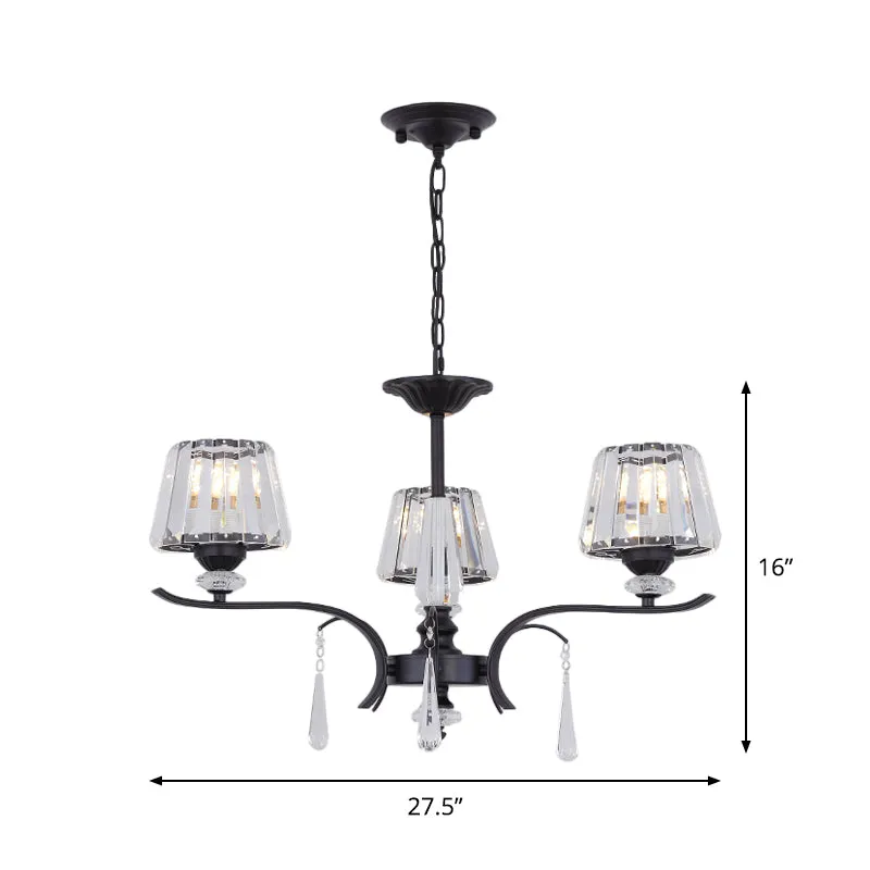 Black Beveled Crystal Conical Chandelier - Elegant 3-Light Ceiling Suspension Lamp with Droplet