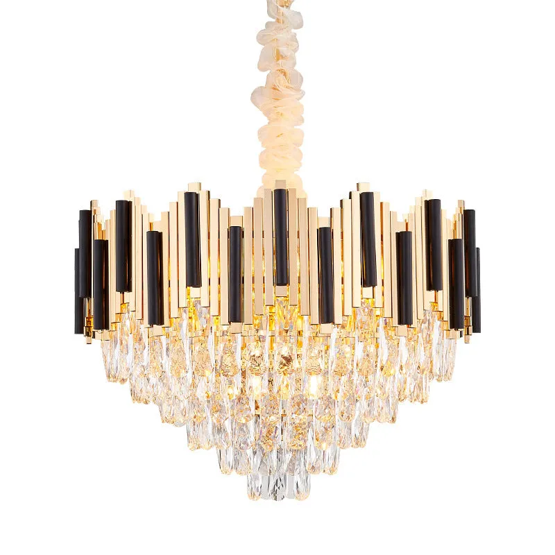 Black-Gold Cone Chandelier with Crystal Prism, 6 Lights - Modern Living Room Ceiling Pendant Lamp