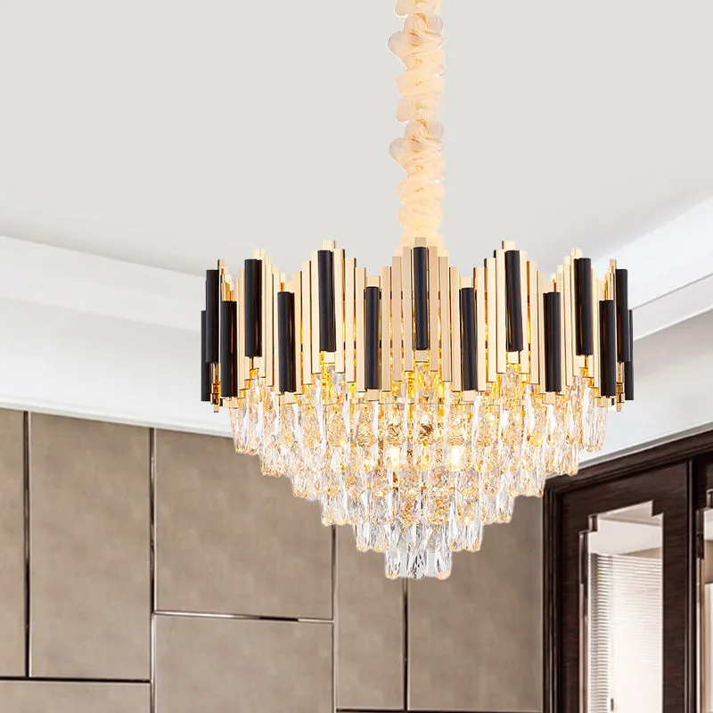 Black-Gold Cone Chandelier with Crystal Prism, 6 Lights - Modern Living Room Ceiling Pendant Lamp