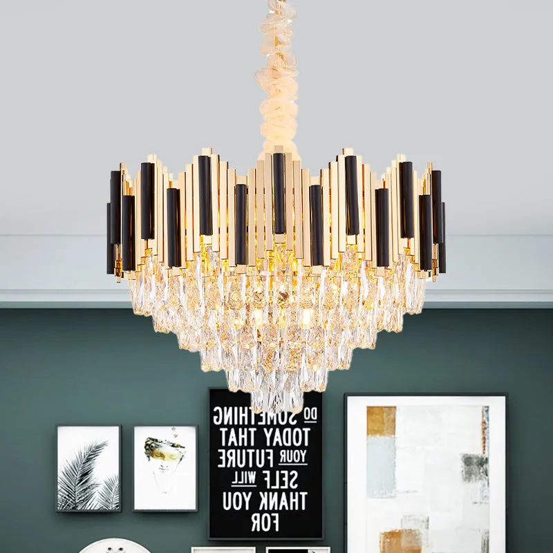 Black-Gold Cone Chandelier with Crystal Prism, 6 Lights - Modern Living Room Ceiling Pendant Lamp