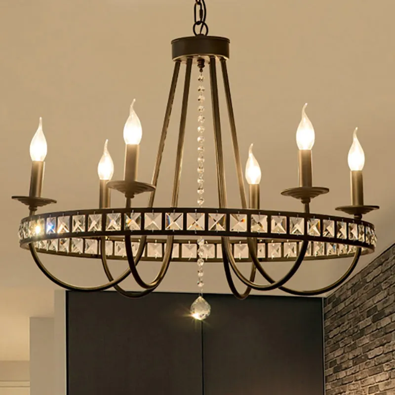 Black Metal Candle Chandelier with Clear Crystal Deco - 6/8 Light Pendant Fixture for Industrial Lighting