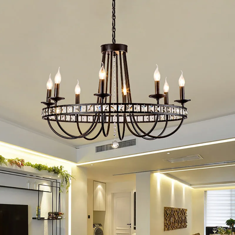 Black Metal Candle Chandelier with Clear Crystal Deco - 6/8 Light Pendant Fixture for Industrial Lighting