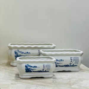 Blue & White Rectangular Ceramic Planter Set Of 3