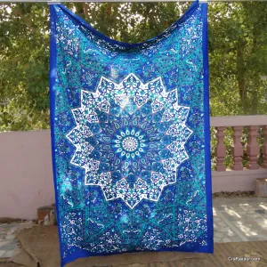 Blue Star Mandala Tapestry Beach Throw Boho Wall Bedspreads-Craft Jaipur