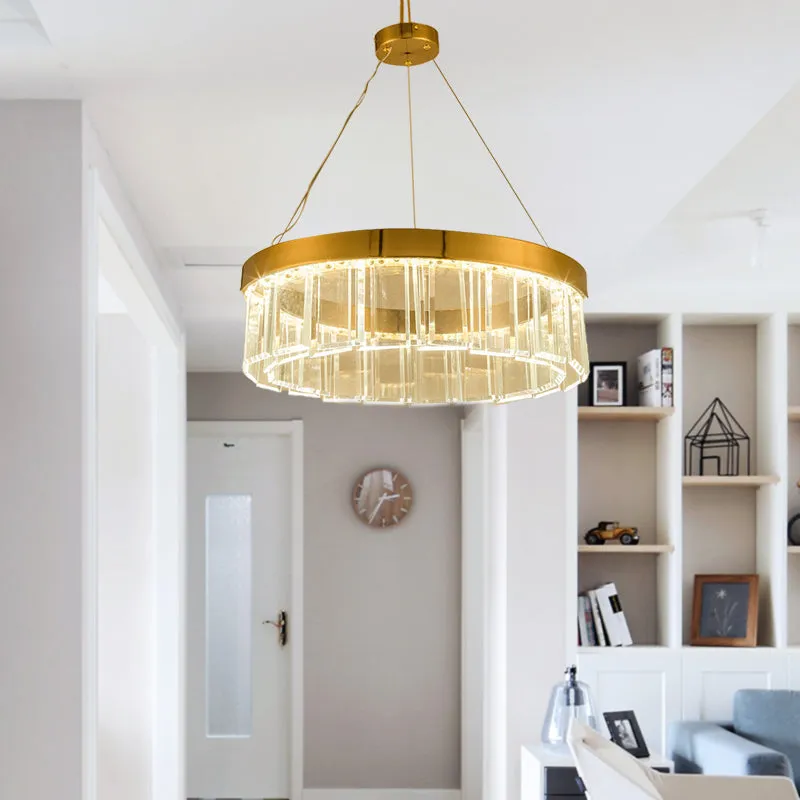 Brass LED Round Crystal Chandelier Suspension Light Fixture