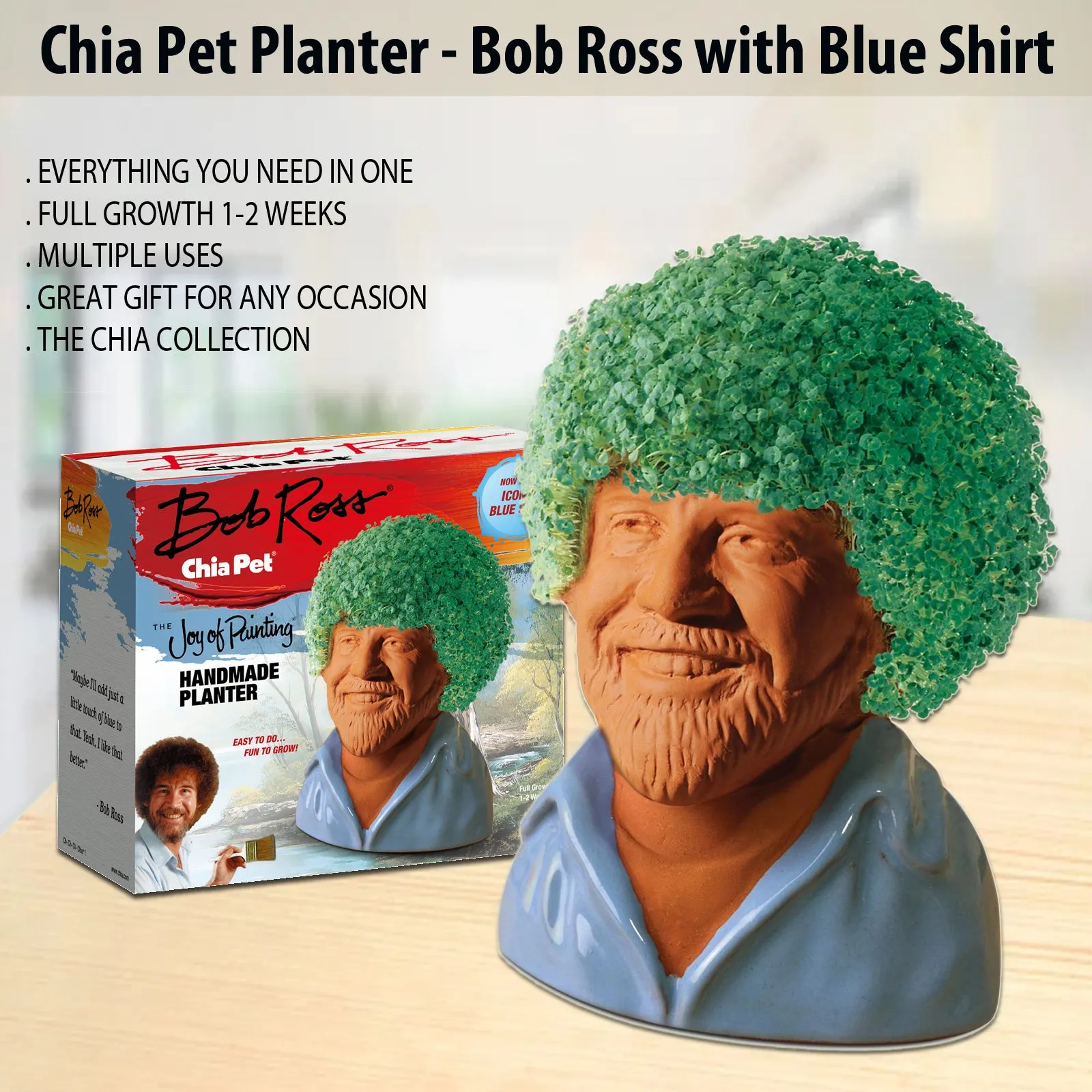 Chia Pet Planter - Bob Ross with Blue Shirt