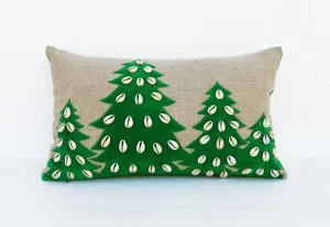 Christmas linen pillow cover, christmas tree, velvet applique, cowri pillow size 12"X 20"