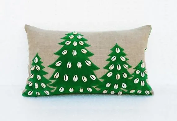 Christmas linen pillow cover, christmas tree, velvet applique, cowri pillow size 12"X 20"