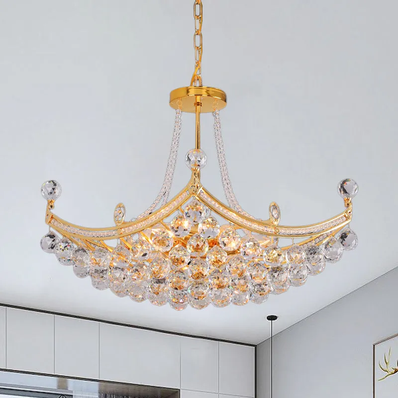 Contemporary Chrome/Gold Clear Crystal Balls Hanging Chandelier - 6-Bulb Cornice Frame Pendant