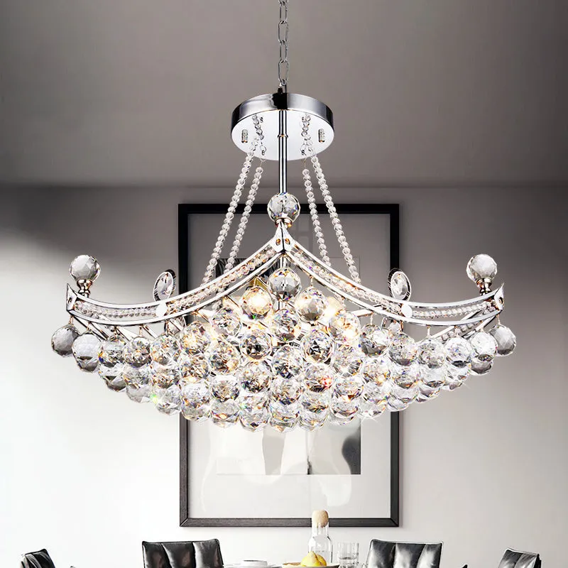 Contemporary Chrome/Gold Clear Crystal Balls Hanging Chandelier - 6-Bulb Cornice Frame Pendant