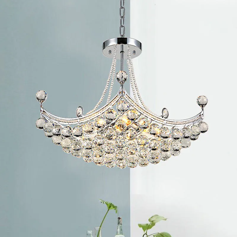 Contemporary Chrome/Gold Clear Crystal Balls Hanging Chandelier - 6-Bulb Cornice Frame Pendant