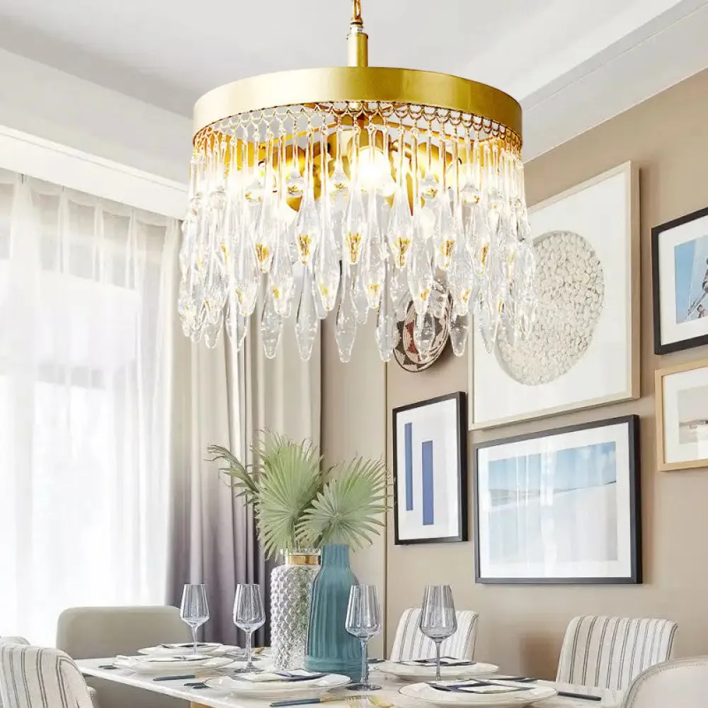 Contemporary Circle Chandelier Pendant Light: 5-Light Brass Fixture with Crystal Teardrop Shade