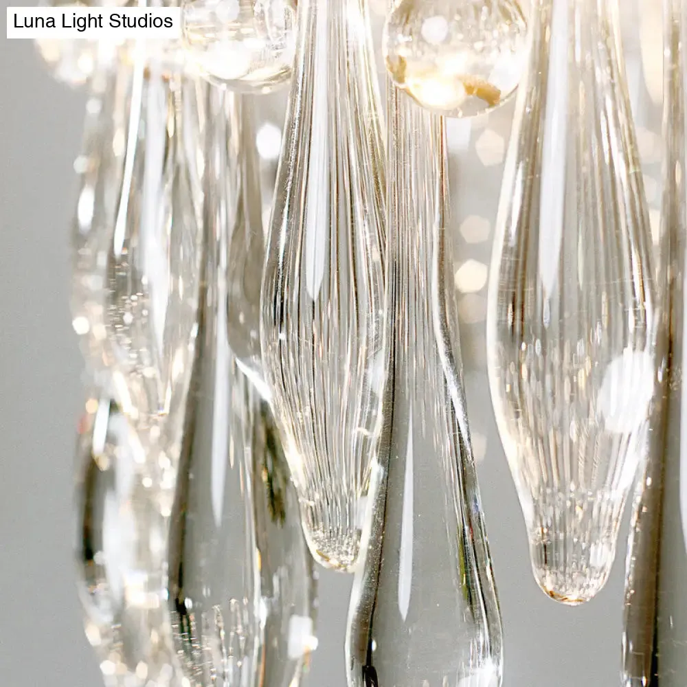 Contemporary Circle Chandelier Pendant Light: 5-Light Brass Fixture with Crystal Teardrop Shade