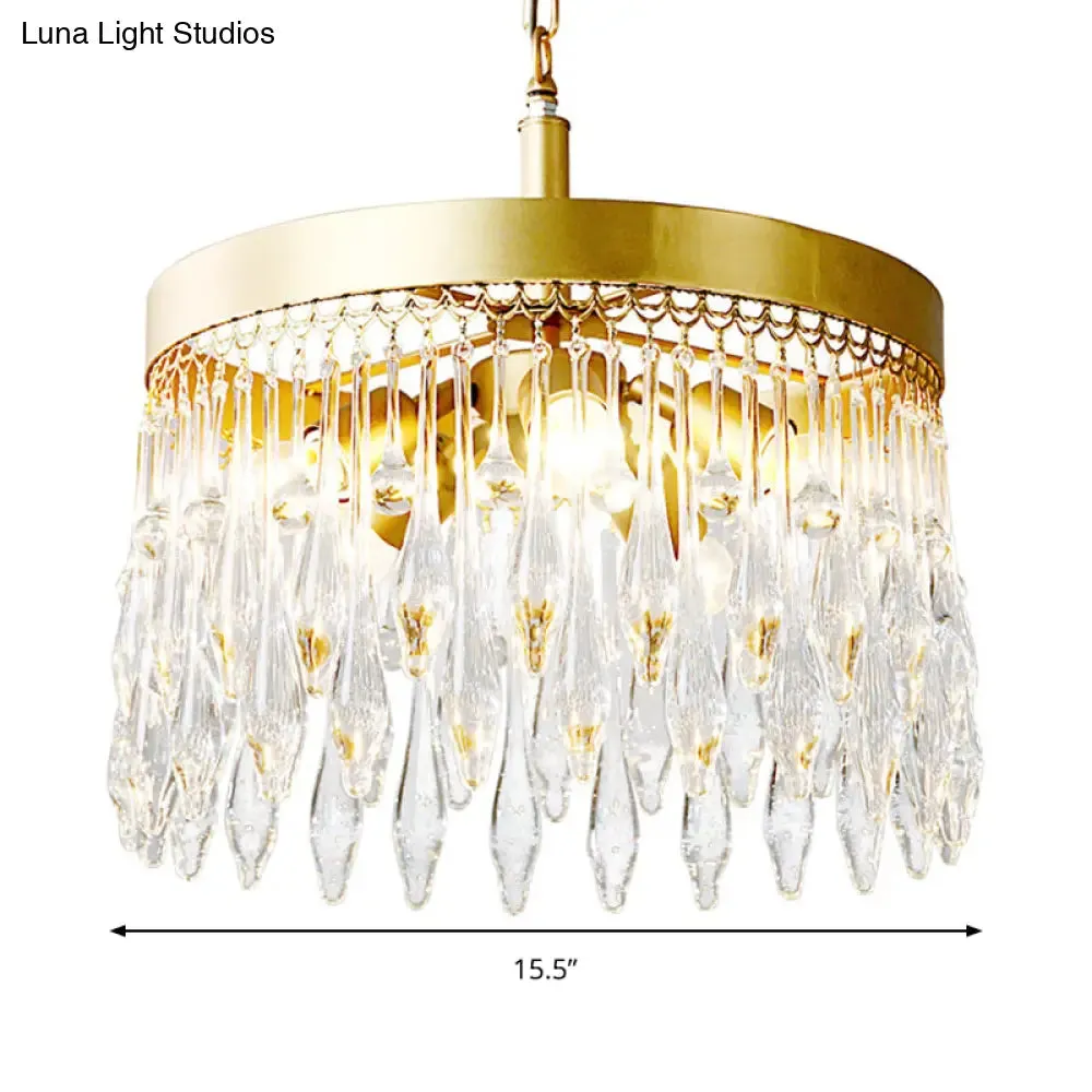 Contemporary Circle Chandelier Pendant Light: 5-Light Brass Fixture with Crystal Teardrop Shade