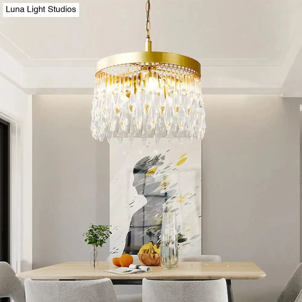 Contemporary Circle Chandelier Pendant Light: 5-Light Brass Fixture with Crystal Teardrop Shade