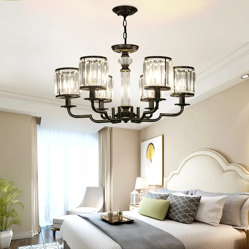 Contemporary Crystal Chandelier with Adjustable Chain - Black Cylinder Pendant Light, 3/6 Lights