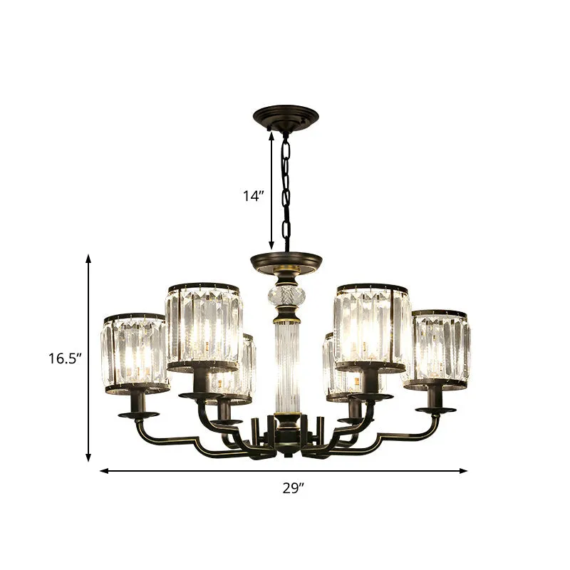 Contemporary Crystal Chandelier with Adjustable Chain - Black Cylinder Pendant Light, 3/6 Lights