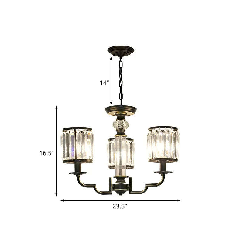 Contemporary Crystal Chandelier with Adjustable Chain - Black Cylinder Pendant Light, 3/6 Lights