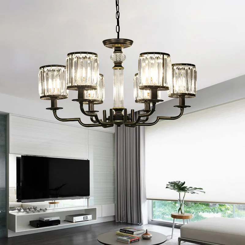 Contemporary Crystal Chandelier with Adjustable Chain - Black Cylinder Pendant Light, 3/6 Lights