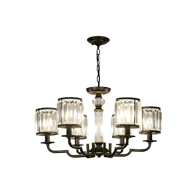 Contemporary Crystal Chandelier with Adjustable Chain - Black Cylinder Pendant Light, 3/6 Lights