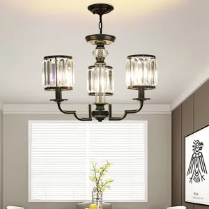 Contemporary Crystal Chandelier with Adjustable Chain - Black Cylinder Pendant Light, 3/6 Lights