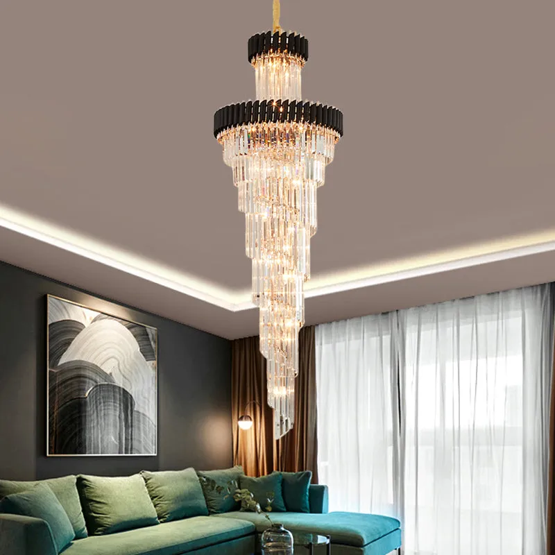 Contemporary Crystal Prism Chandelier - 14-Light Spiral Pendant Lamp for Banquet Halls - Black/Brass