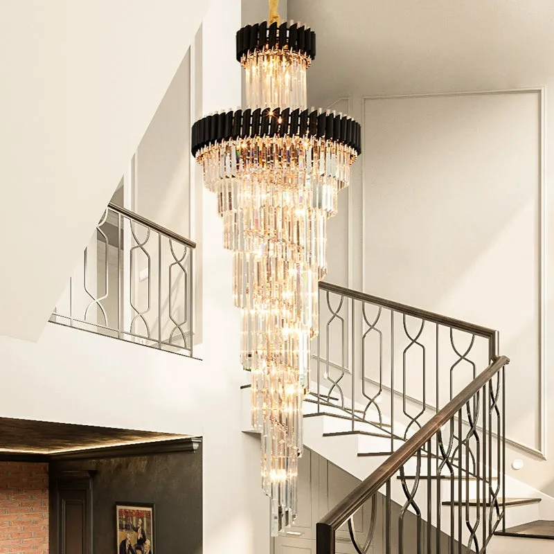 Contemporary Crystal Prism Chandelier - 14-Light Spiral Pendant Lamp for Banquet Halls - Black/Brass