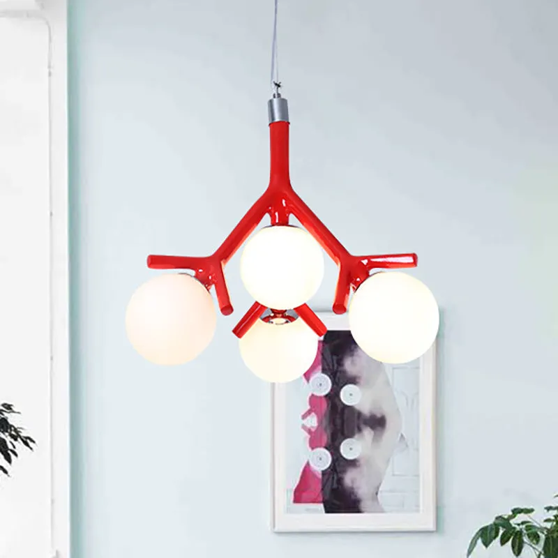 Contemporary Global Chandelier - White Glass with Branch Design - 4 Lights - Hanging Ceiling Fixture in White/Black/Red