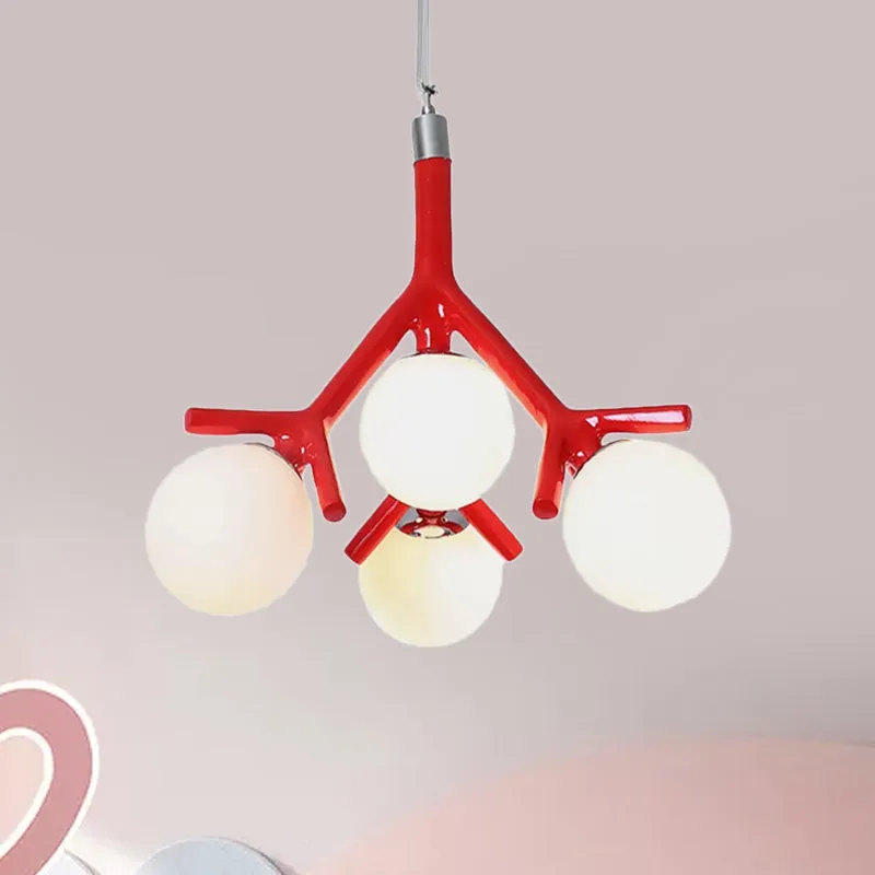 Contemporary Global Chandelier - White Glass with Branch Design - 4 Lights - Hanging Ceiling Fixture in White/Black/Red