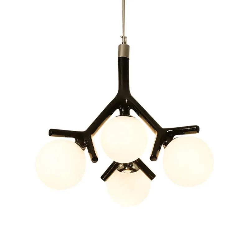 Contemporary Global Chandelier - White Glass with Branch Design - 4 Lights - Hanging Ceiling Fixture in White/Black/Red